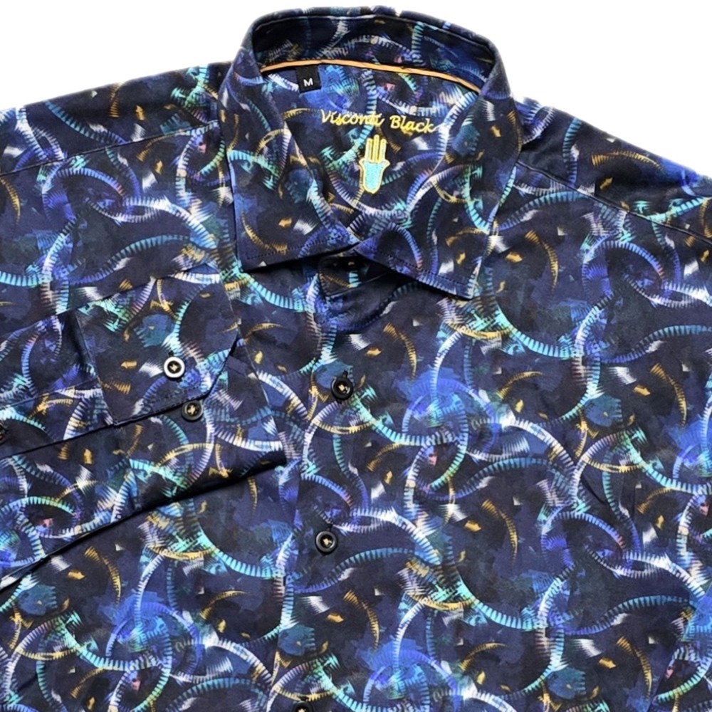 Luchiano Visconti Black Shirt Mens M Button Up Abstract Light Show EUC